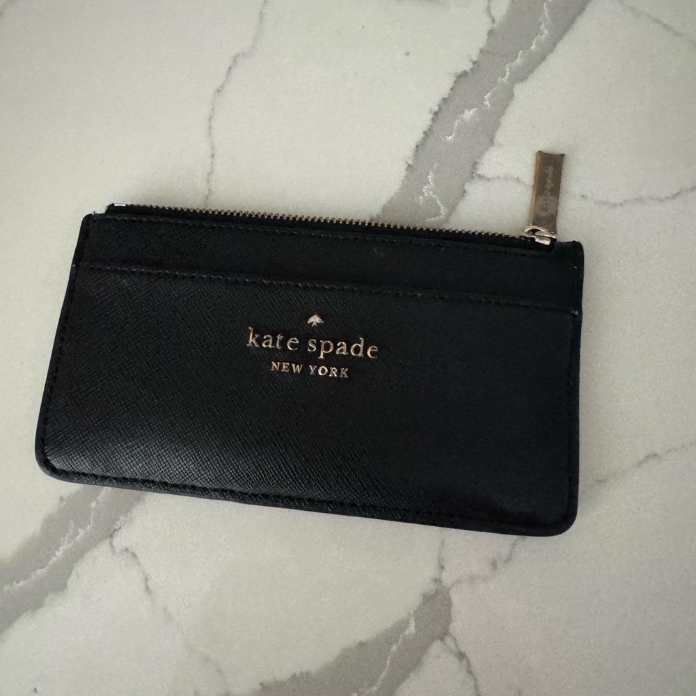 kate spade Black Quilted Leather Zip Card Case with Gold Hardware
